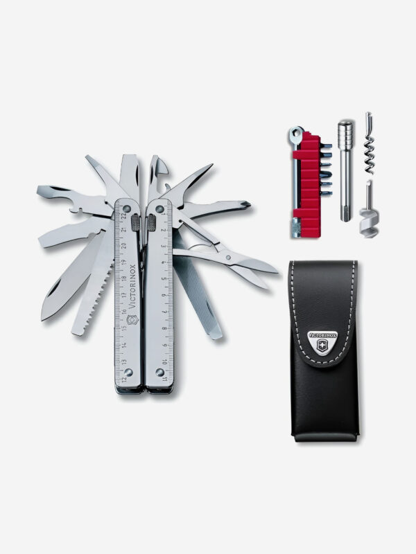 Мультиинструмент складной Victorinox SwissTool X Plus Ratchet, 115 мм, 40 функций, кожаный чехол, Серебряный