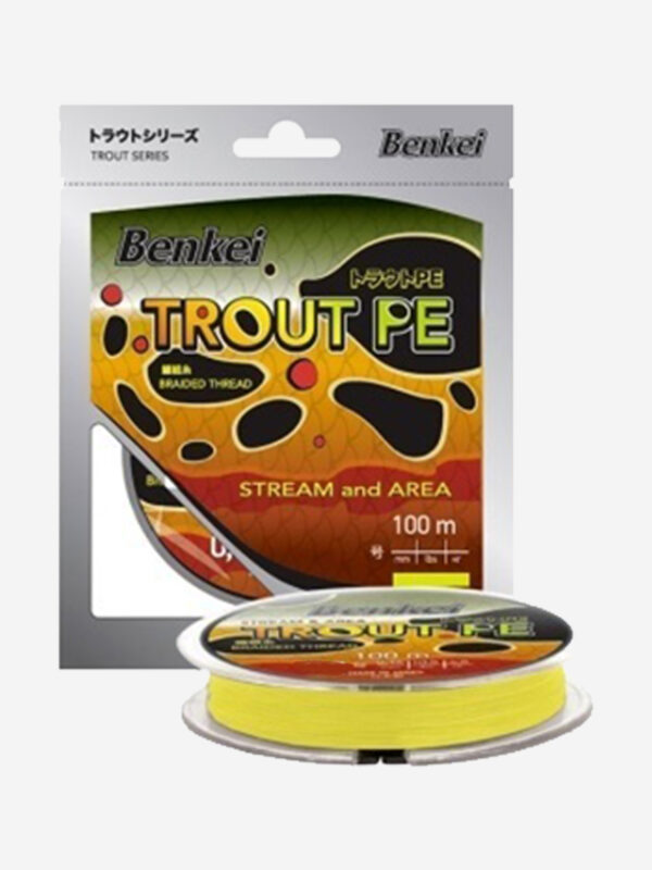 Шнур для рыбалки Benkei Trout PE 100m, желтый fluo #0,4 (0,104mm), 3,1kg, Желтый