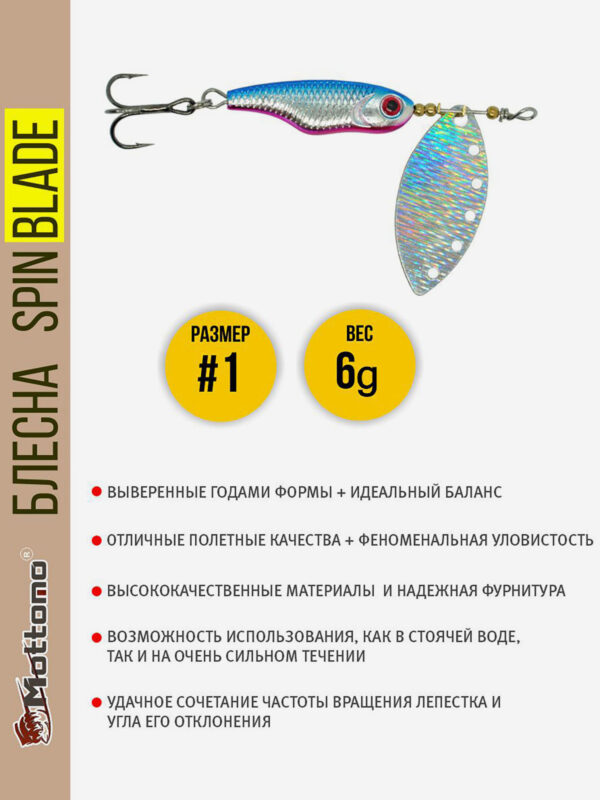 Блесна вращающаяся для рыбалки Mottomo Spin Blade #1 6g Silver Silver для спиннинга. Вертушка на голавля, жереха, щуку, Мультицвет