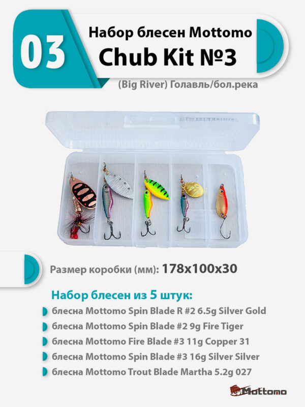 Набор блесен рыболовных для спиннинга Mottomo Chub Kit №3 (Big River) Голавль/бол.река, Мультицвет