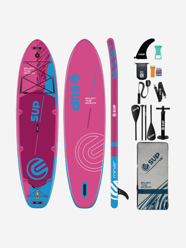 Надувная двухслойная SUP-доска E-SUP PINK CARNATION 11'6" 350-88-15 см / Сап доска для серфинга и отдыха на воде, Розовый