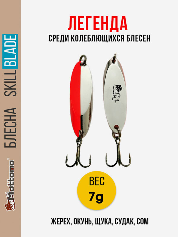 Блесна колеблющаяся для рыбалки Mottomo Skill Blade 7g Silver Red. Колебалка на жереха, щуку, окуня, голавля, форель, Серебряный