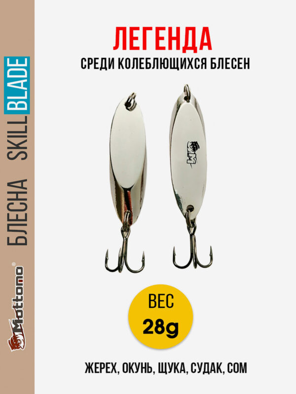 Блесна колеблющаяся для рыбалки Mottomo Skill Blade 28g Silver. Колебалка на жереха, щуку, окуня, голавля, форель, Серебряный
