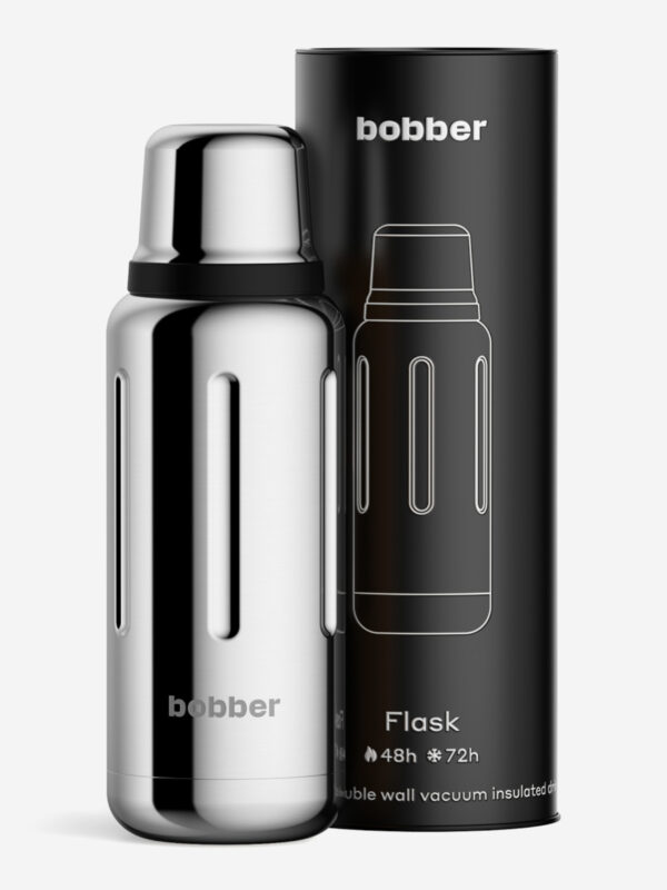 Термос вакуумный для напитков BOBBER Flask 1 литр пробка с наливными каналами, тепло до 48 часов, зеркальный, Серебряный