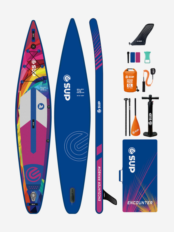 Надувная двухслойная SUP-доска E-SUP ENCOUNTER RAINBOW 12'6" 384-71-15 см / Сап доска для серфинга и отдыха на воде, Синий